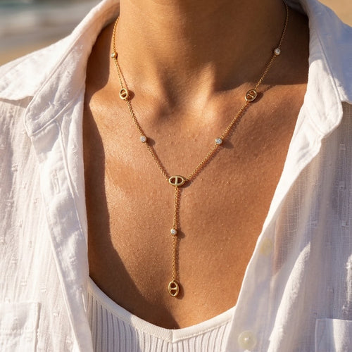 Collier lariat maille marine porté